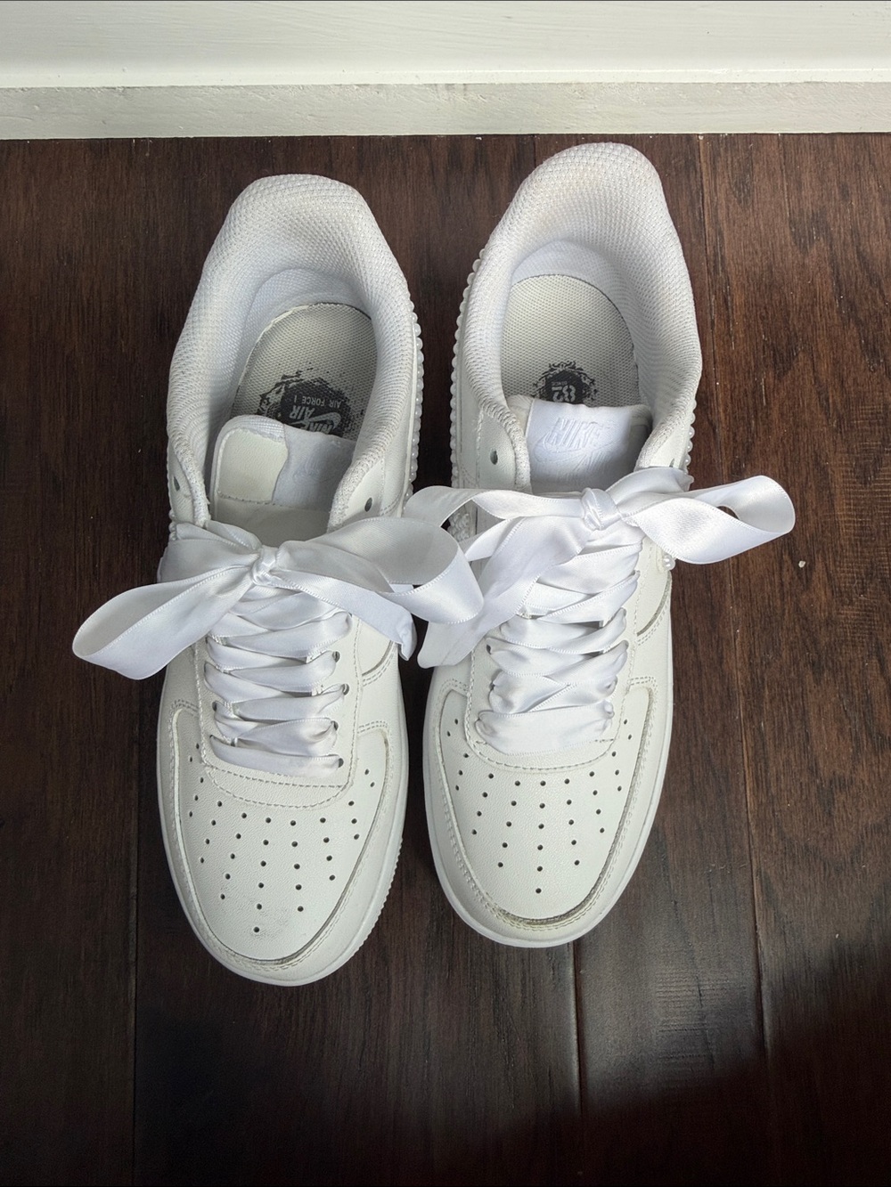 White Women's Satin Lace Sneakers with Pearl Accent - Picture 4 of 6